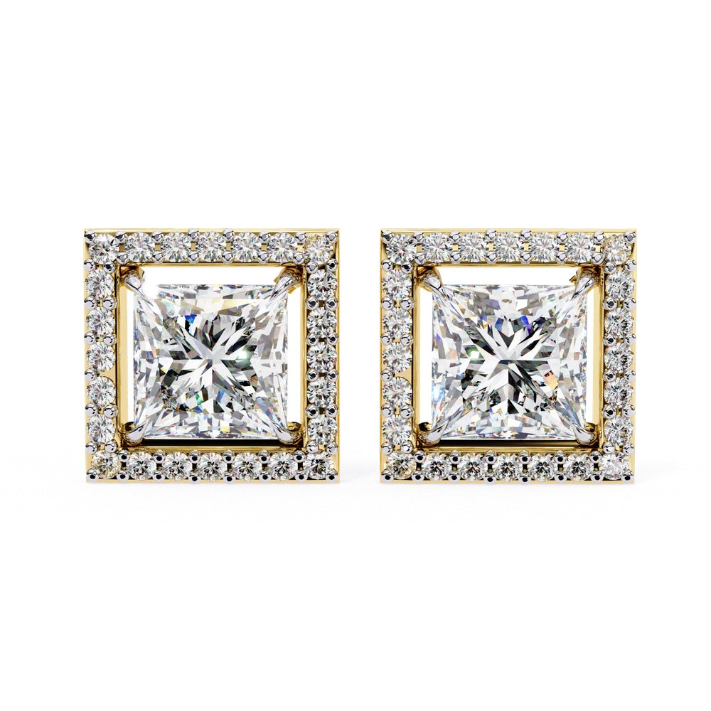 Princess Cut and Halo Solitaire Stud Earrings