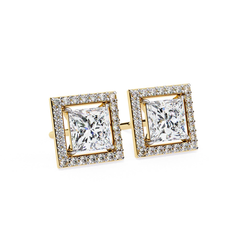 Princess Cut and Halo Solitaire Stud Earrings