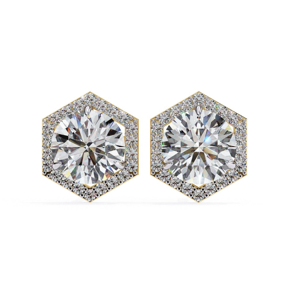 Solitaire Stud Earrings with Hexagonal Halo