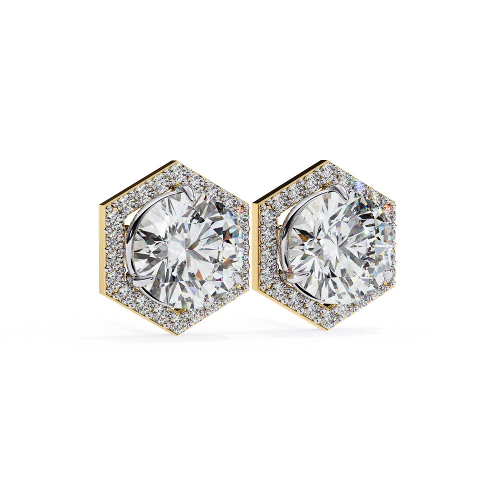 Solitaire Stud Earrings with Hexagonal Halo