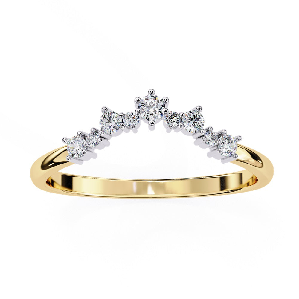 The Timeless Diamond Chevron Band by Niraa is a luxury accessory featuring a gold band with a row of seven small, sparkling diamonds in a crescent shape. The larger central stone creates a tiara-like design, epitomizing elegance when photographed against a white background.