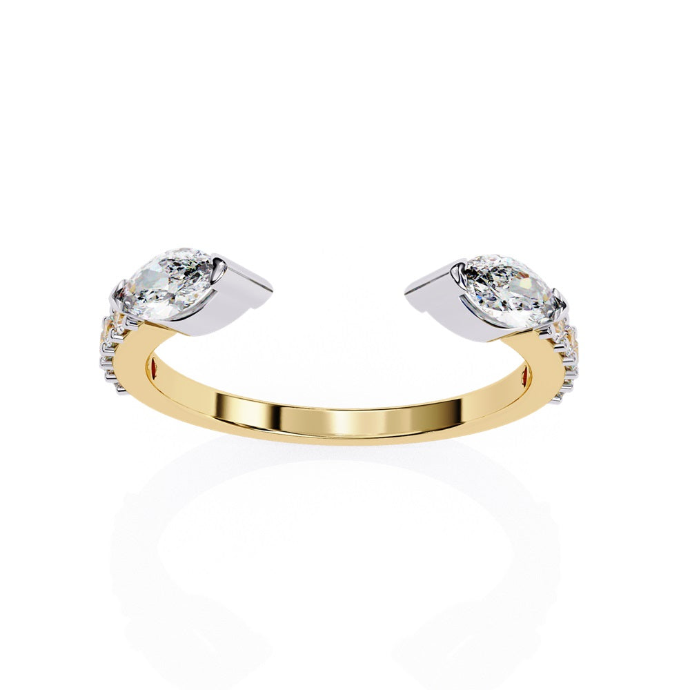 The Niraa Marquise Diamond Open Band is a luxury accessory with gold and silver featuring large marquise-cut diamonds at each end. Smaller rectangular diamonds sparkle on the sides, set against a plain white background.
