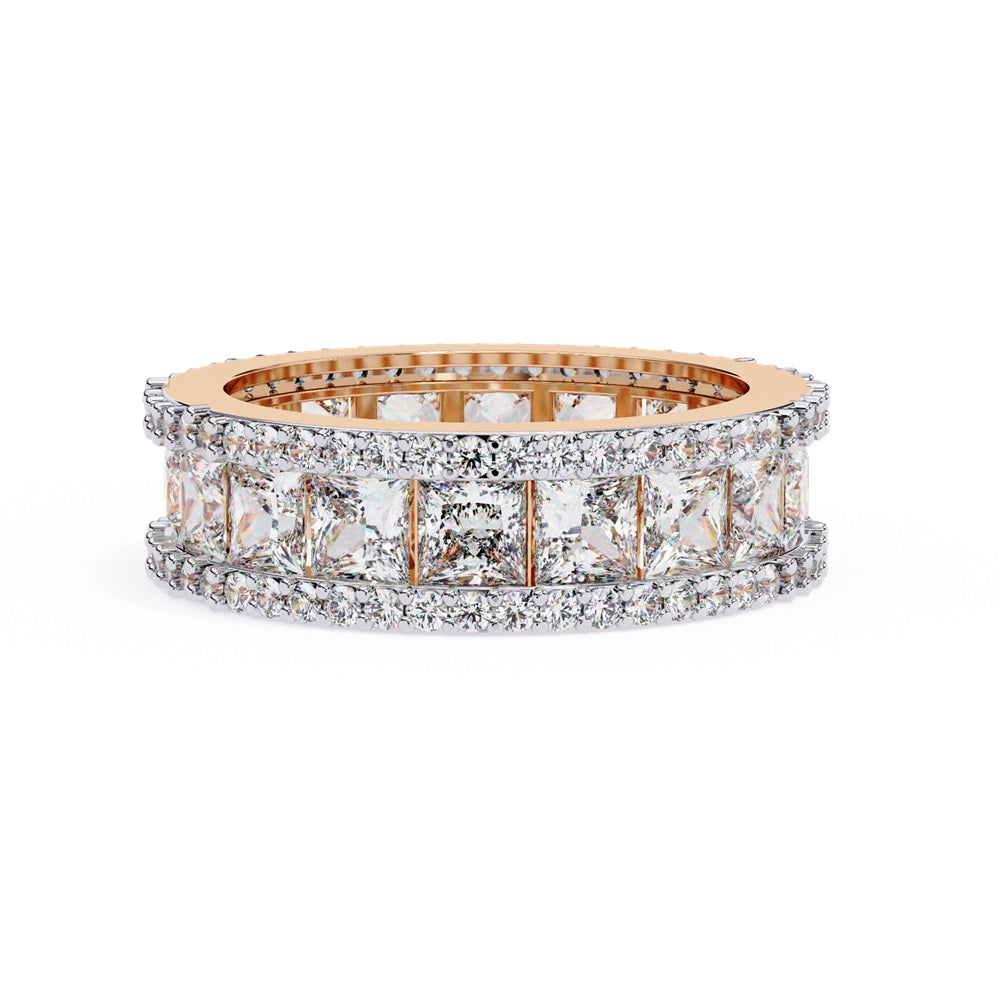 The Niraa Princess Cut Diamond Eternity Band showcases a princess-cut diamond centerpiece, framed by rows of smaller round diamonds.