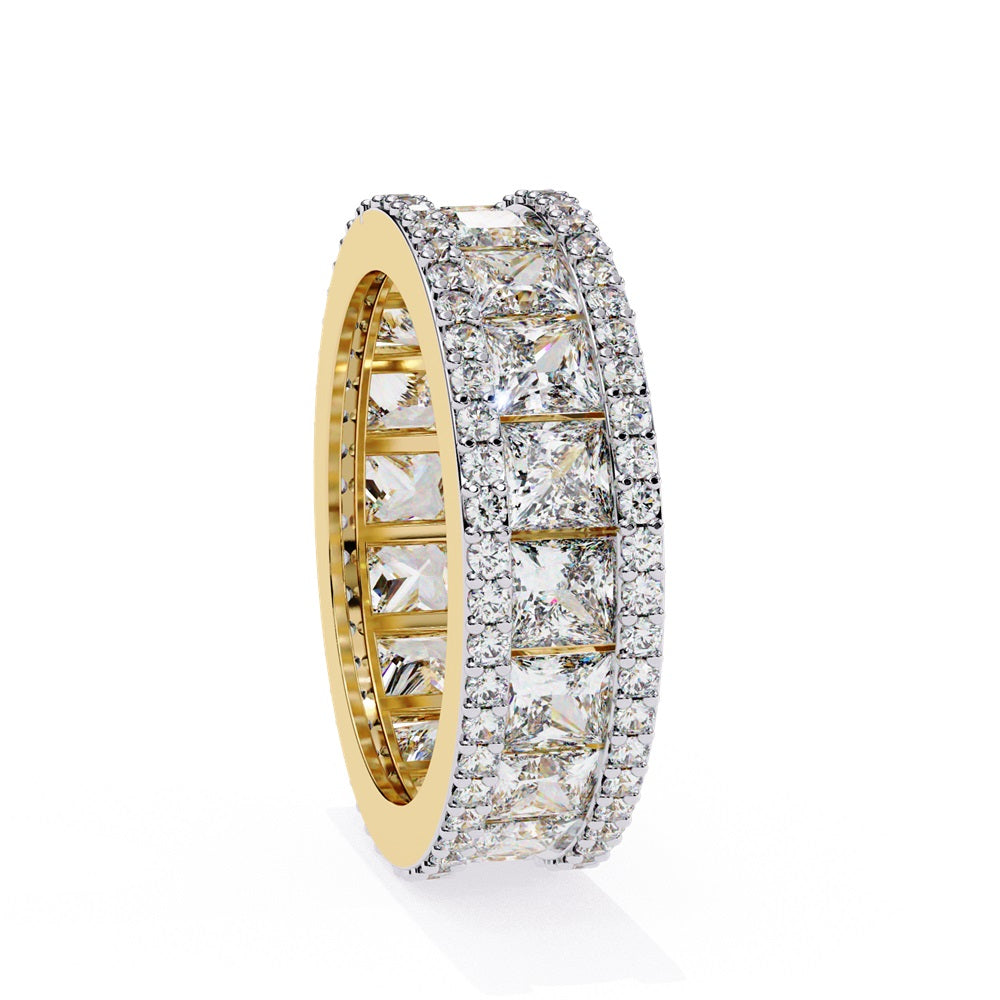 The Niraa Princess Cut Diamond Eternity Band showcases a princess-cut diamond centerpiece, framed by rows of smaller round diamonds.