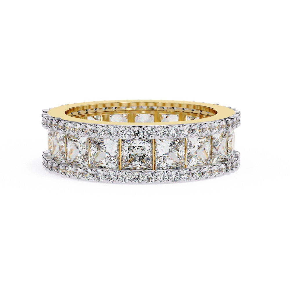 The Niraa Princess Cut Diamond Eternity Band showcases a princess-cut diamond centerpiece, framed by rows of smaller round diamonds.