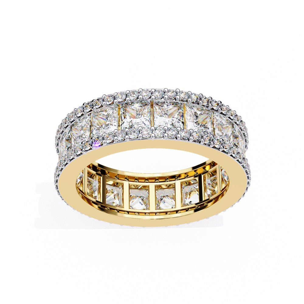 The Niraa Princess Cut Diamond Eternity Band showcases a princess-cut diamond centerpiece, framed by rows of smaller round diamonds.