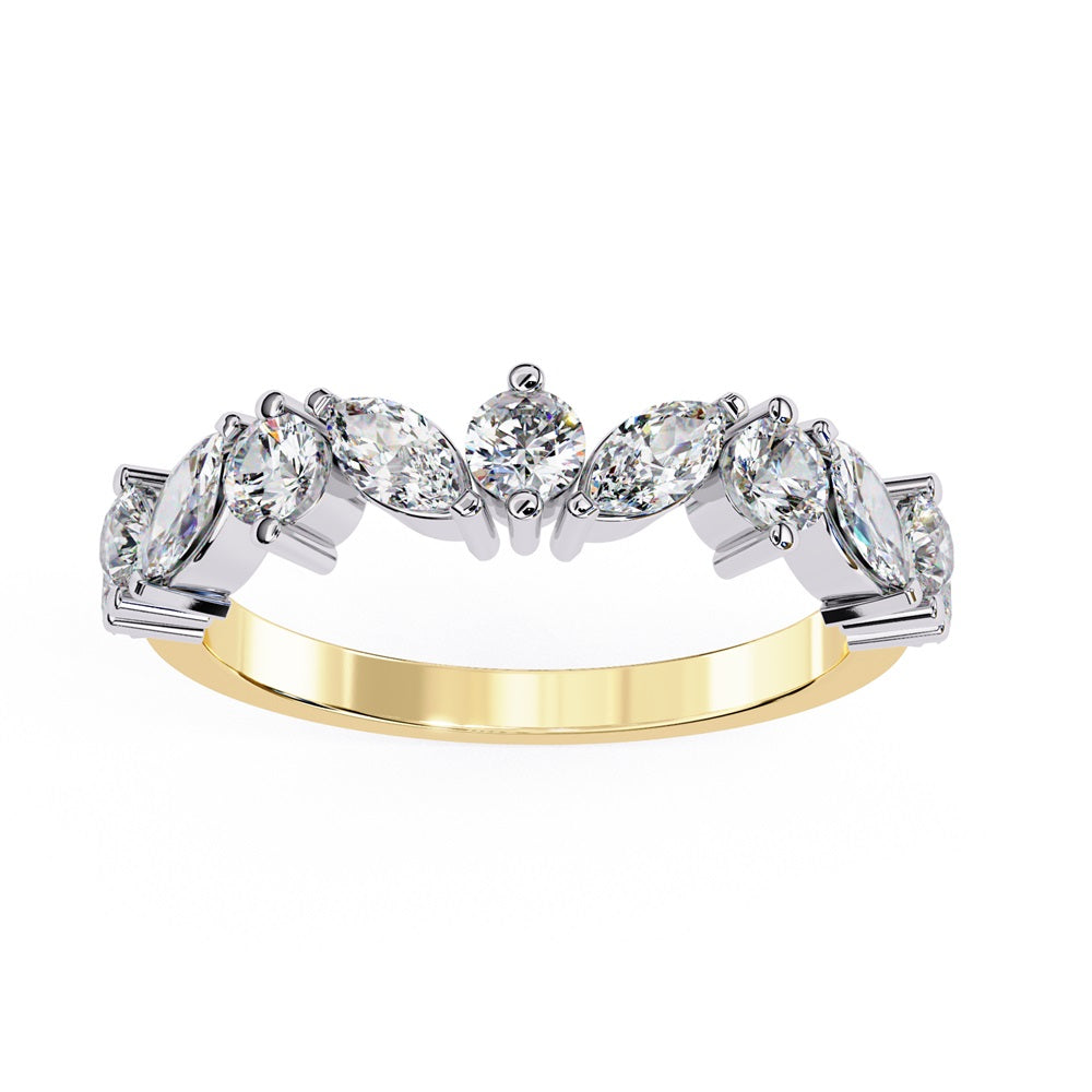 The Symphony Diamond Band by Niraa is a luxurious gold and silver ring with a central round diamond, flanked by marquise-cut diamonds for an elegant, symmetrical design.
