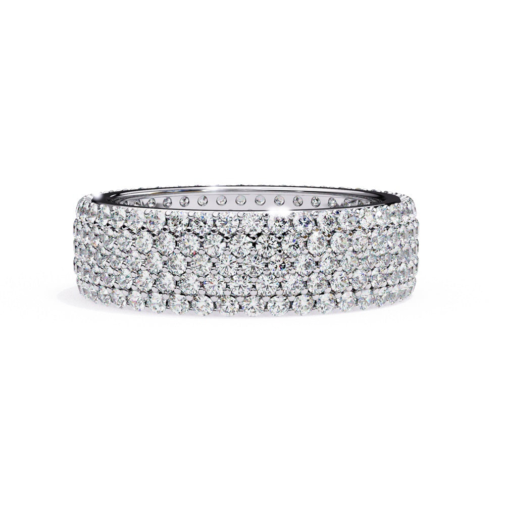 The Niraa Glimmering Diamond Eternity Band boasts five luxurious rows of closely set, round-cut white diamonds against a white background, highlighting its elegant craftsmanship and sparkle.