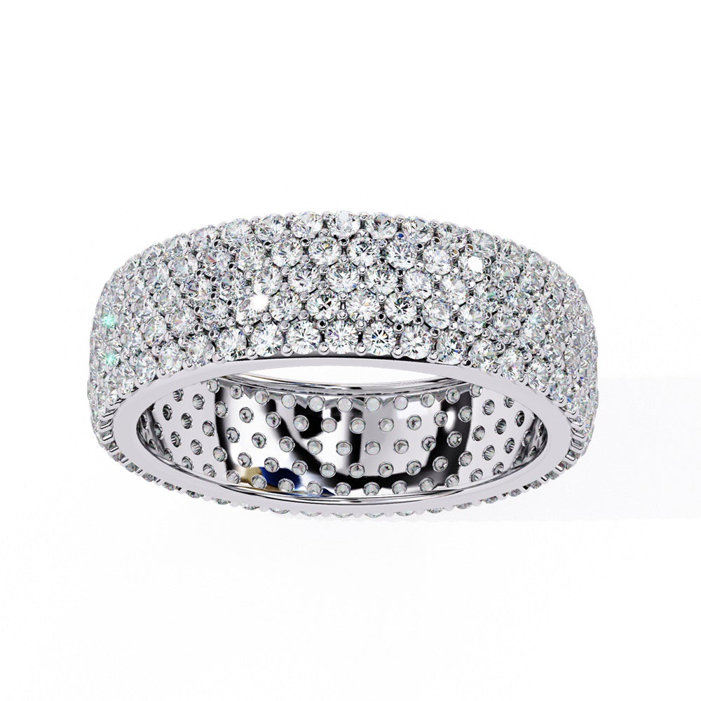 The Niraa Glimmering Diamond Eternity Band boasts five luxurious rows of closely set, round-cut white diamonds against a white background, highlighting its elegant craftsmanship and sparkle.