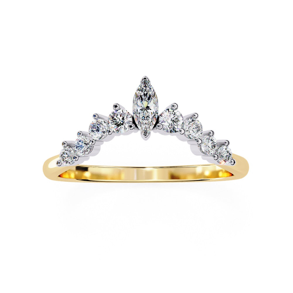 The Niraa Crown Marquise Diamond Band features a luxury V-shaped gold design, highlighted by a central marquise-cut diamond flanked by smaller round diamonds. This mix of sizes creates a sparkling, crown-like effect that epitomizes elegance and sophistication.