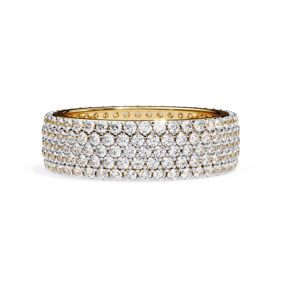 The Niraa Glimmering Diamond Eternity Band boasts five luxurious rows of closely set, round-cut white diamonds against a white background, highlighting its elegant craftsmanship and sparkle.