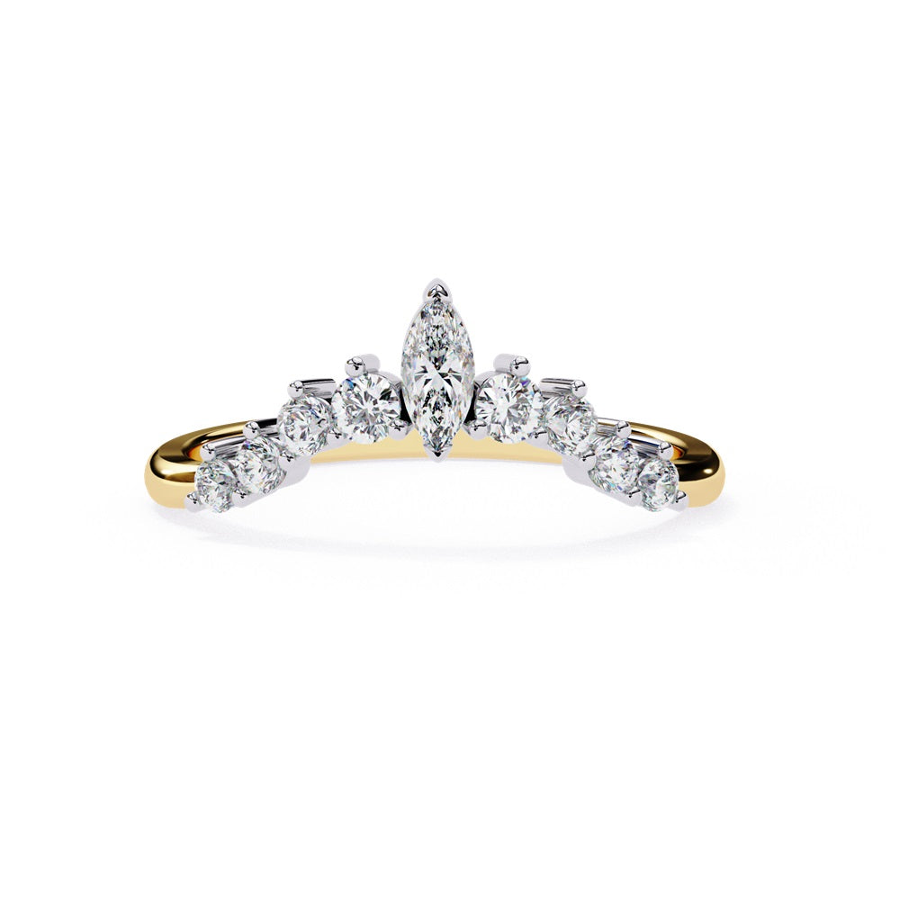 The Niraa Crown Marquise Diamond Band features a luxury V-shaped gold design, highlighted by a central marquise-cut diamond flanked by smaller round diamonds. This mix of sizes creates a sparkling, crown-like effect that epitomizes elegance and sophistication.