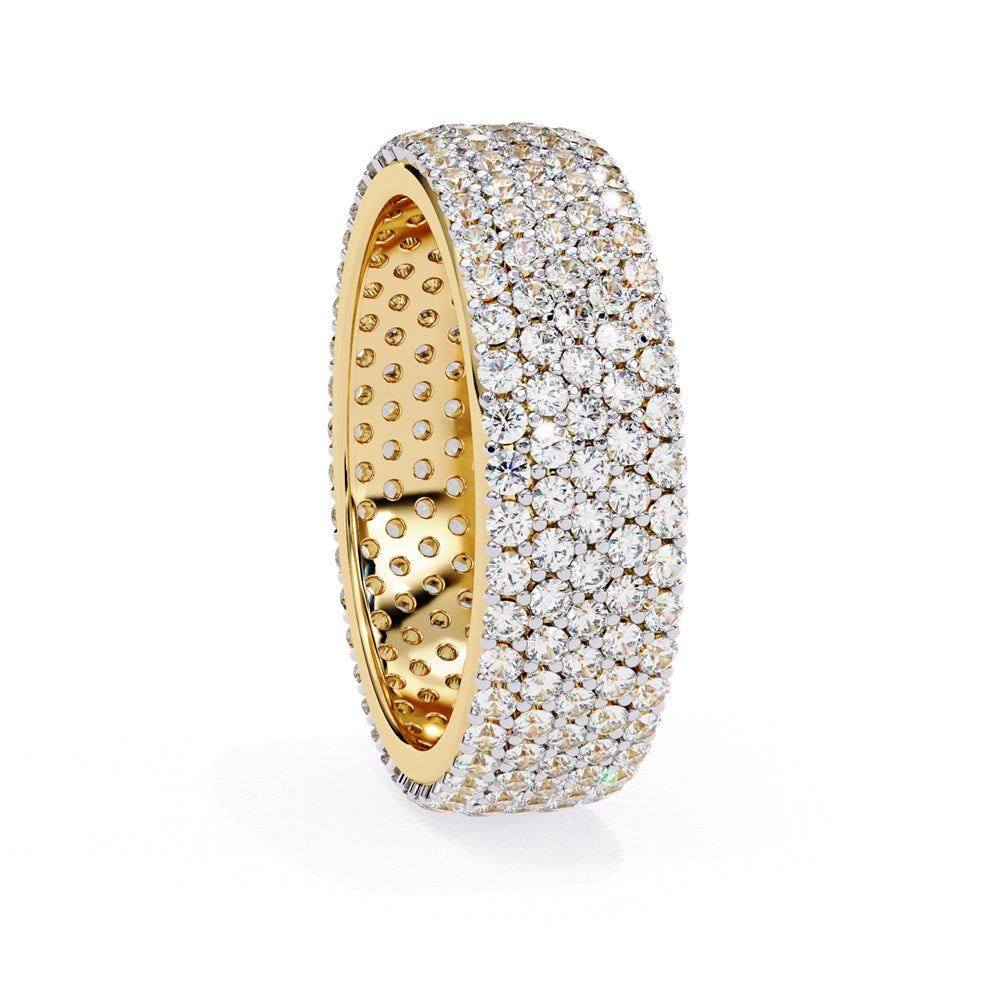 The Niraa Glimmering Diamond Eternity Band boasts five luxurious rows of closely set, round-cut white diamonds against a white background, highlighting its elegant craftsmanship and sparkle.