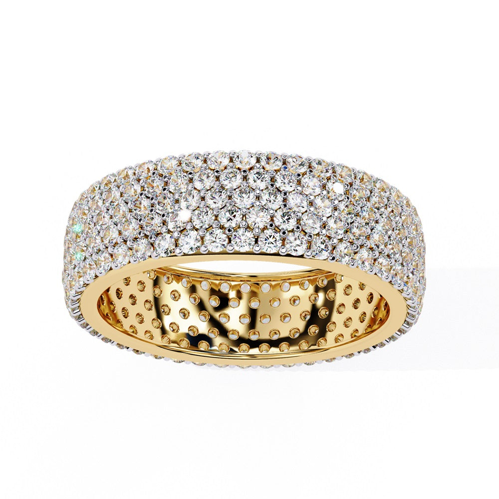 The Niraa Glimmering Diamond Eternity Band boasts five luxurious rows of closely set, round-cut white diamonds against a white background, highlighting its elegant craftsmanship and sparkle.