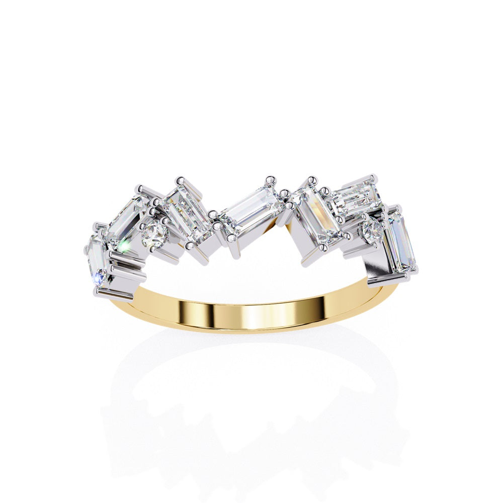The Constellation Diamond Band by Niraa is a gold ring showcasing a geometric zigzag pattern with rectangular, clear baguette-cut stones and a diamond band touch, exuding modern elegance.
