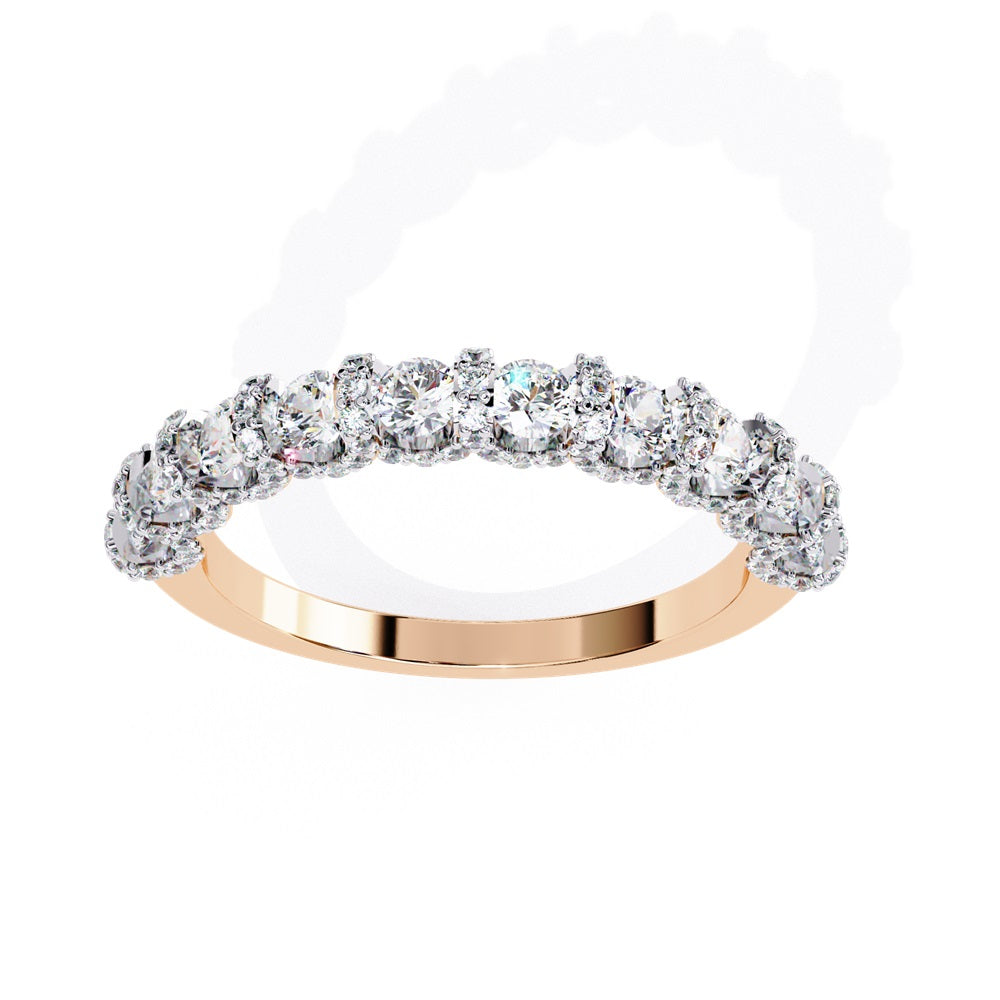 Discover the allure of Niraas Garland Diamond Band, a luxurious gold ring adorned with large, round, sparkling diamonds elegantly covering two-thirds of its surface, beautifully revealing the gleaming gold beneath.