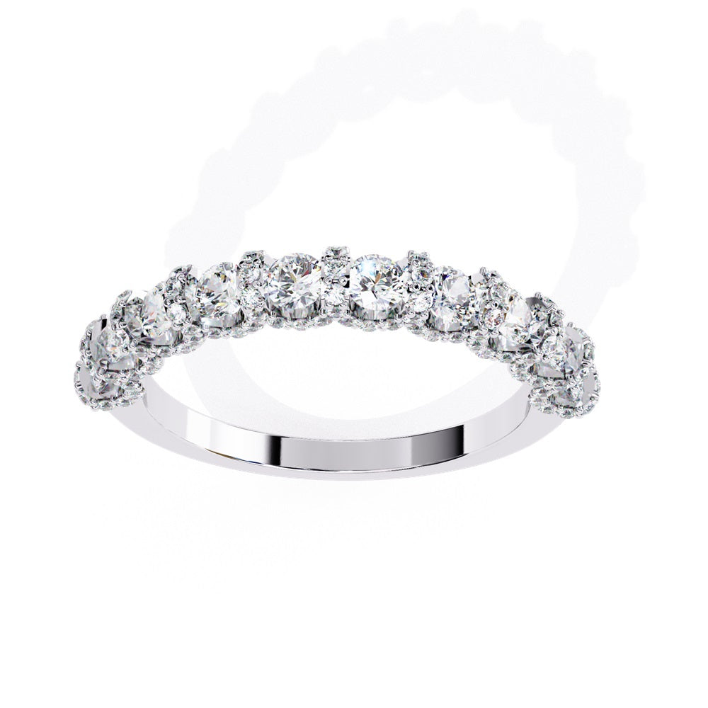 Discover the allure of Niraas Garland Diamond Band, a luxurious gold ring adorned with large, round, sparkling diamonds elegantly covering two-thirds of its surface, beautifully revealing the gleaming gold beneath.