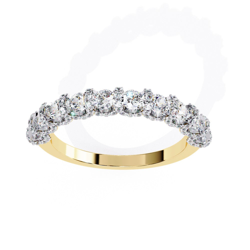 Discover the allure of Niraas Garland Diamond Band, a luxurious gold ring adorned with large, round, sparkling diamonds elegantly covering two-thirds of its surface, beautifully revealing the gleaming gold beneath.
