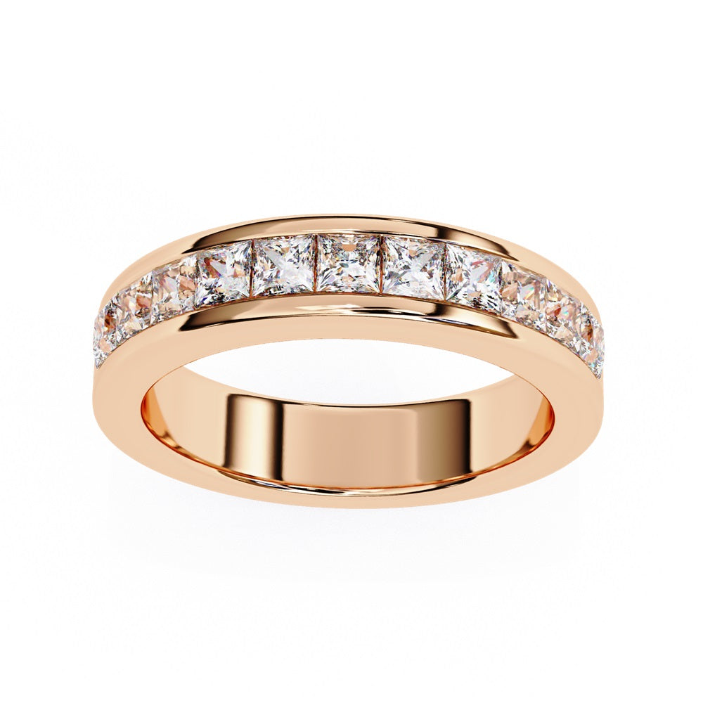 The Niraa Princess Channel Diamond Band is a stunning gold piece featuring square-cut, clear gemstones in a channel setting, elegantly viewed from the side against a plain white background.