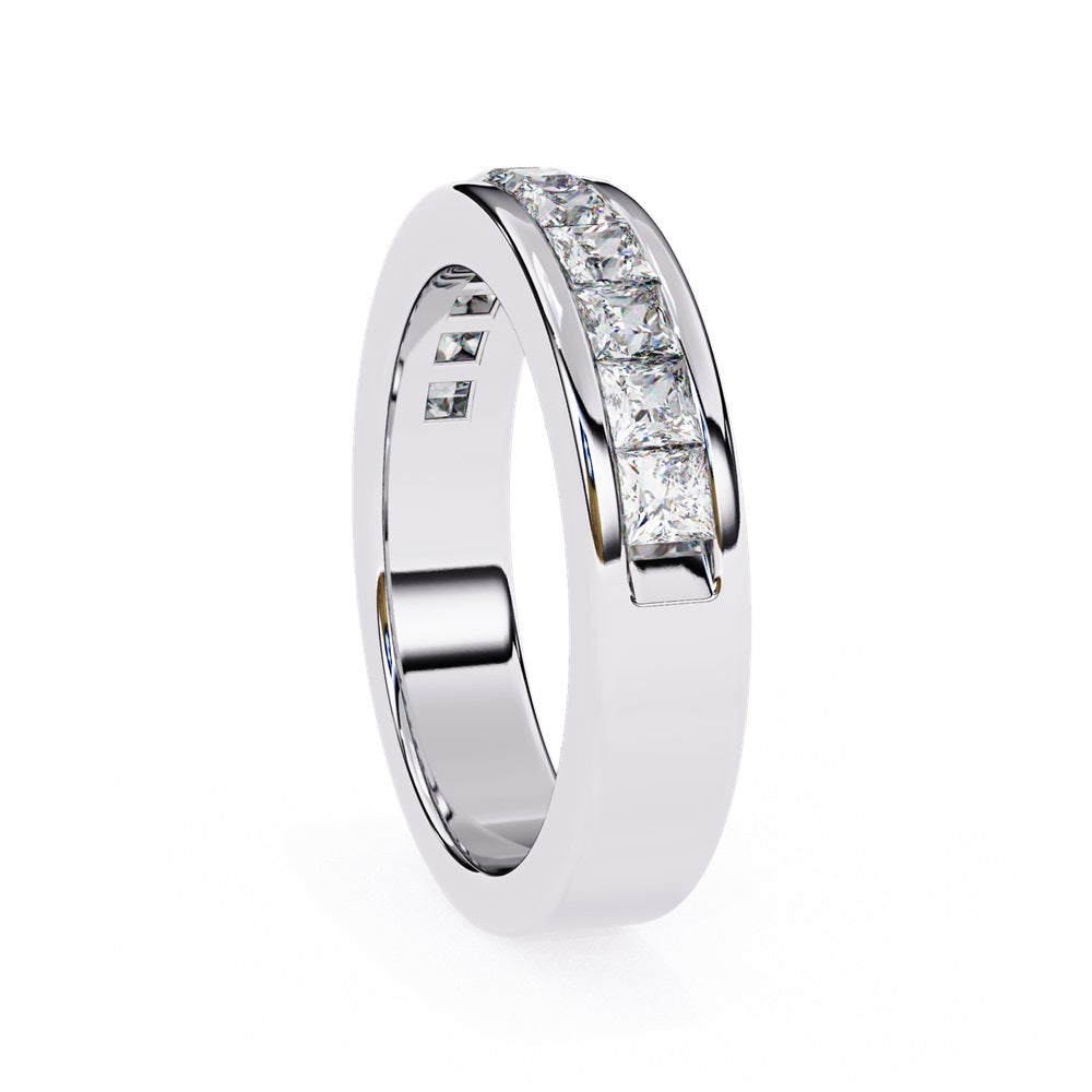 The Niraa Princess Channel Diamond Band is a stunning gold piece featuring square-cut, clear gemstones in a channel setting, elegantly viewed from the side against a plain white background.