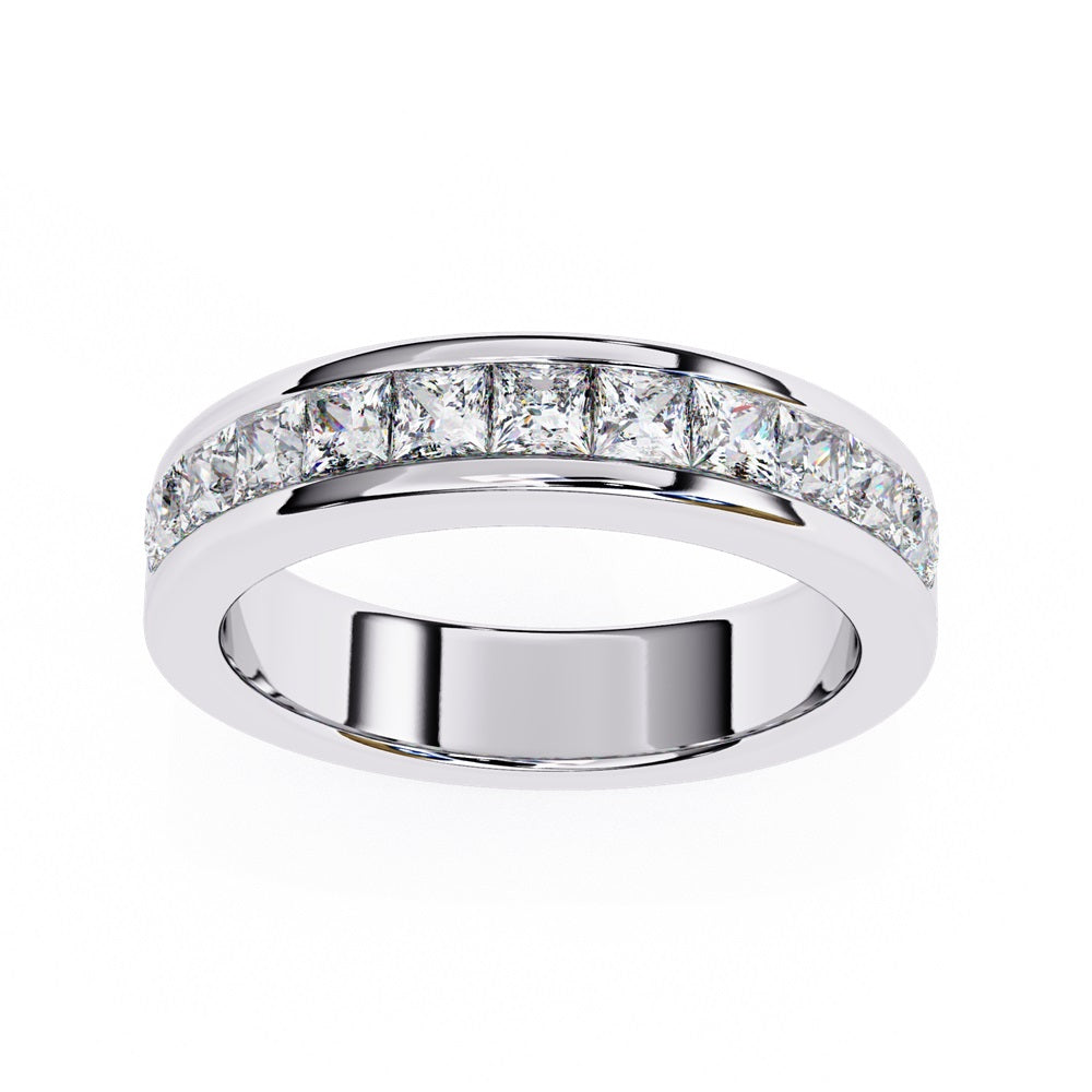 The Niraa Princess Channel Diamond Band is a stunning gold piece featuring square-cut, clear gemstones in a channel setting, elegantly viewed from the side against a plain white background.