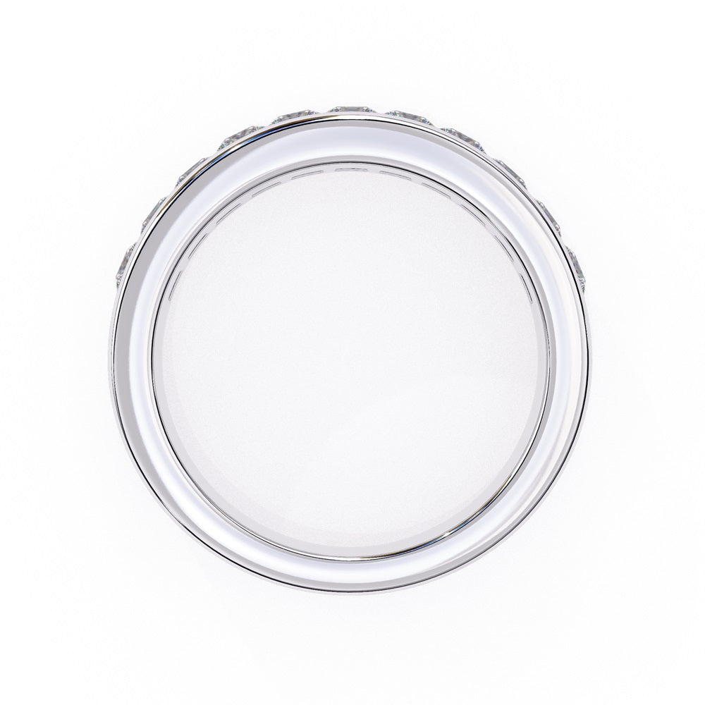 The Niraa Princess Channel Diamond Band is a stunning gold piece featuring square-cut, clear gemstones in a channel setting, elegantly viewed from the side against a plain white background.