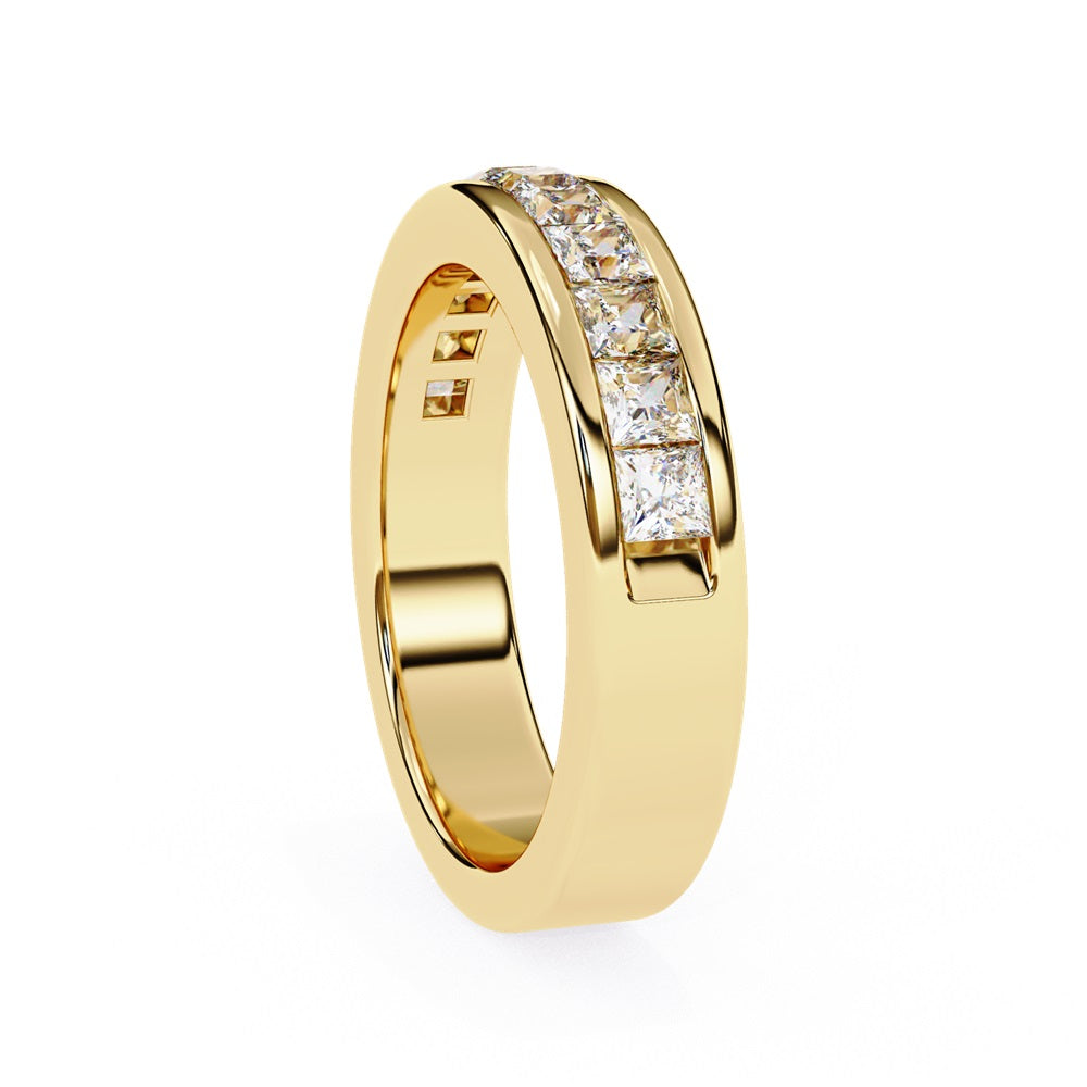 The Niraa Princess Channel Diamond Band is a stunning gold piece featuring square-cut, clear gemstones in a channel setting, elegantly viewed from the side against a plain white background.