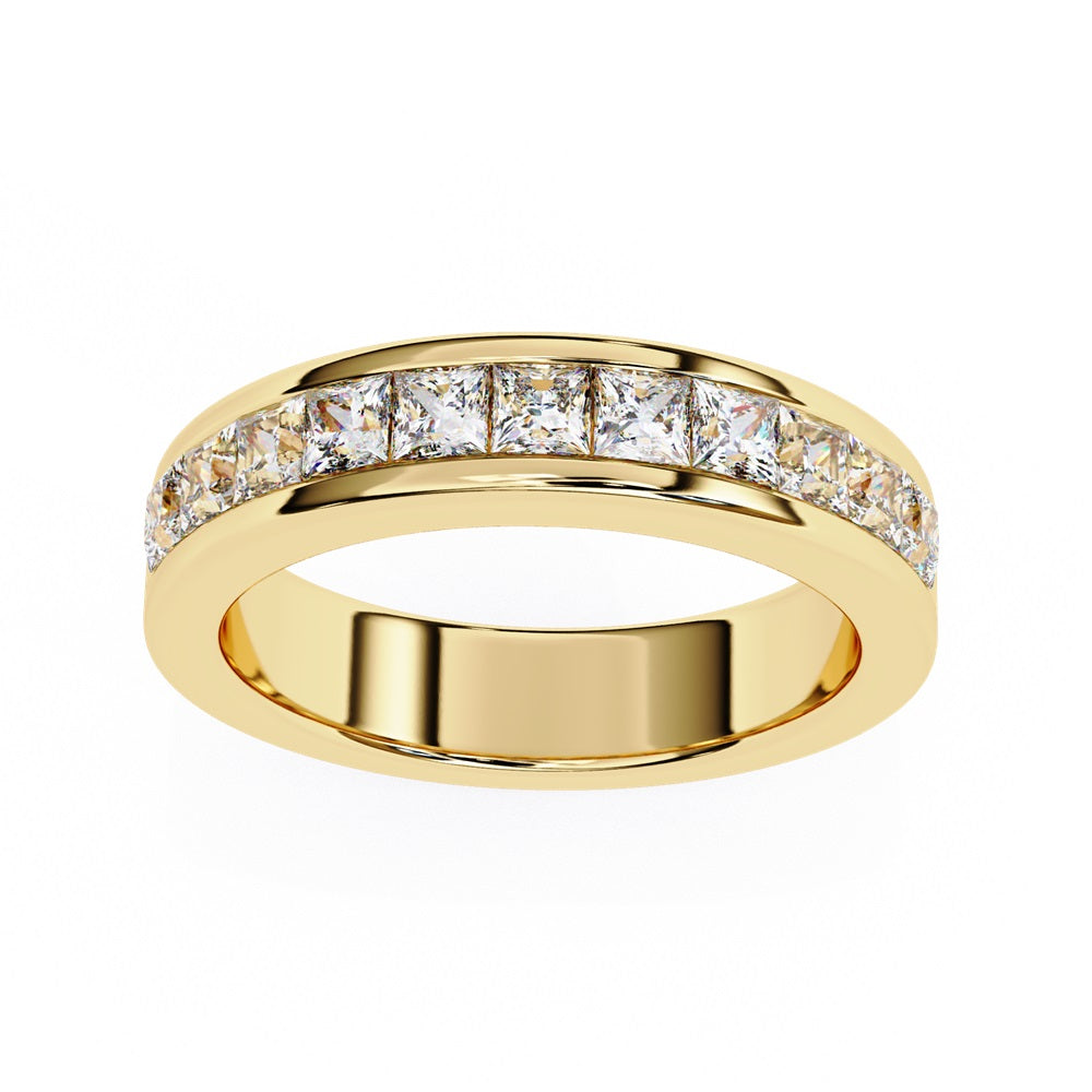 The Niraa Princess Channel Diamond Band is a stunning gold piece featuring square-cut, clear gemstones in a channel setting, elegantly viewed from the side against a plain white background.