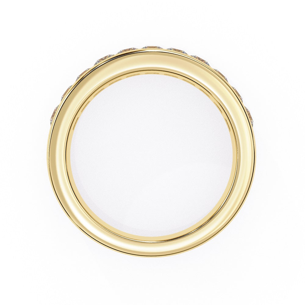 The Niraa Princess Channel Diamond Band is a stunning gold piece featuring square-cut, clear gemstones in a channel setting, elegantly viewed from the side against a plain white background.