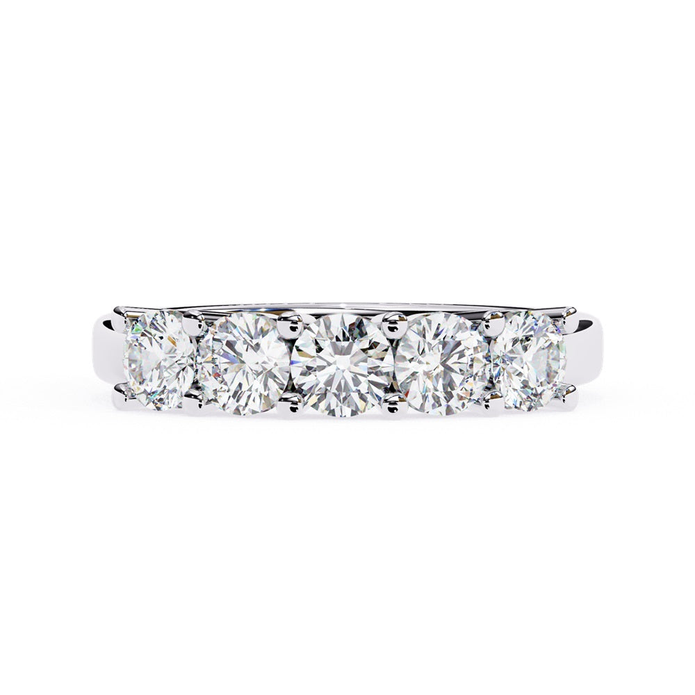 Niraas Five Stone Diamond Band is a stunning gold ring with five round brilliant-cut diamonds in an elegant prong setting. Each stone comes with a diamond certificate, highlighting their clarity and sparkle against the sleek gold band.