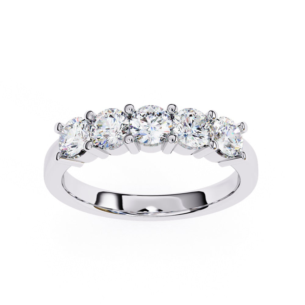 Niraas Five Stone Diamond Band is a stunning gold ring with five round brilliant-cut diamonds in an elegant prong setting. Each stone comes with a diamond certificate, highlighting their clarity and sparkle against the sleek gold band.