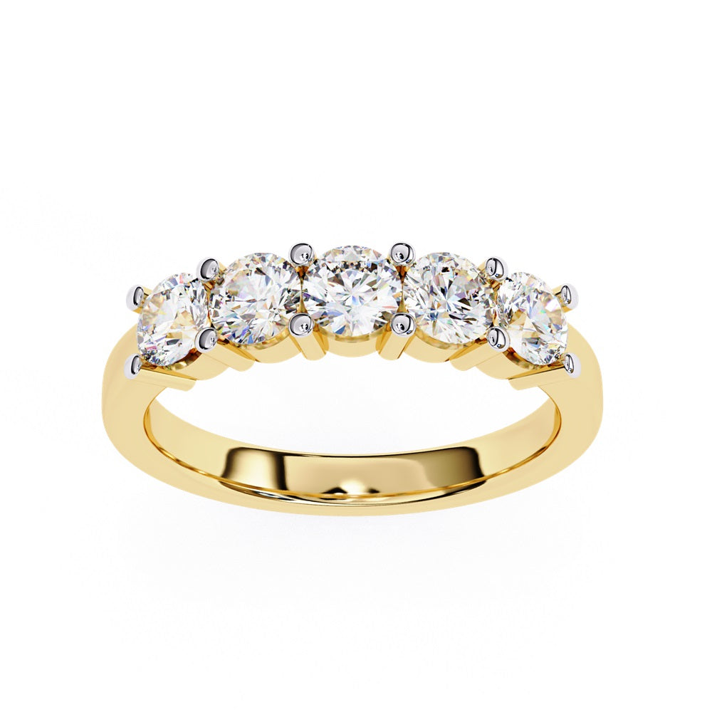 Niraas Five Stone Diamond Band is a stunning gold ring with five round brilliant-cut diamonds in an elegant prong setting. Each stone comes with a diamond certificate, highlighting their clarity and sparkle against the sleek gold band.