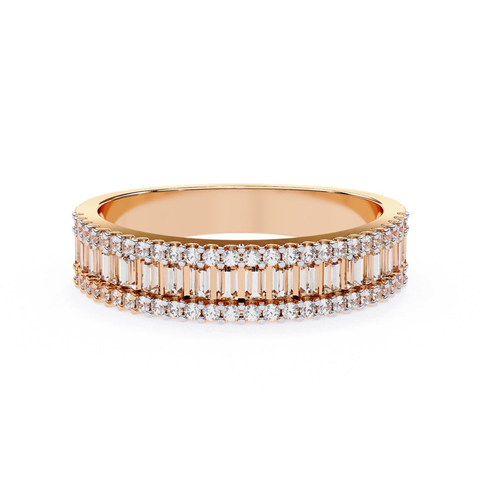 The Nexus Diamond Band by Niraa is a luxury accessory featuring three rows of dazzling diamonds: vertical baguette-cut diamonds in the center row flanked by shimmering round-cut diamonds, all polished to perfection.