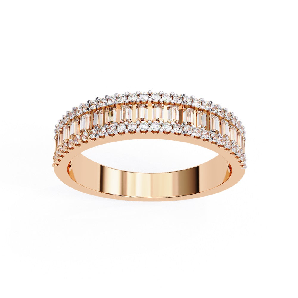 The Nexus Diamond Band by Niraa is a luxury accessory featuring three rows of dazzling diamonds: vertical baguette-cut diamonds in the center row flanked by shimmering round-cut diamonds, all polished to perfection.