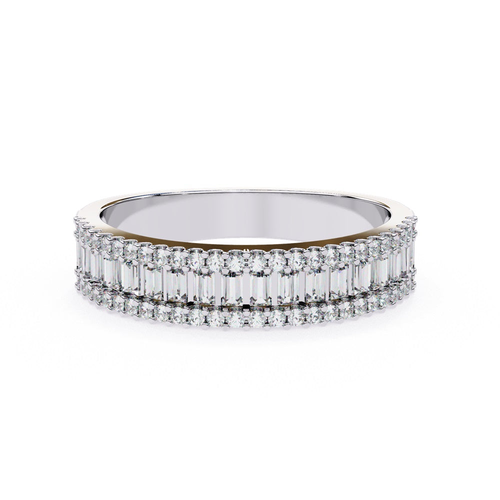 The Nexus Diamond Band by Niraa is a luxury accessory featuring three rows of dazzling diamonds: vertical baguette-cut diamonds in the center row flanked by shimmering round-cut diamonds, all polished to perfection.