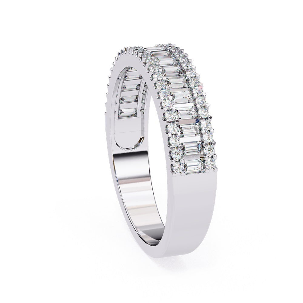 The Nexus Diamond Band by Niraa is a luxury accessory featuring three rows of dazzling diamonds: vertical baguette-cut diamonds in the center row flanked by shimmering round-cut diamonds, all polished to perfection.