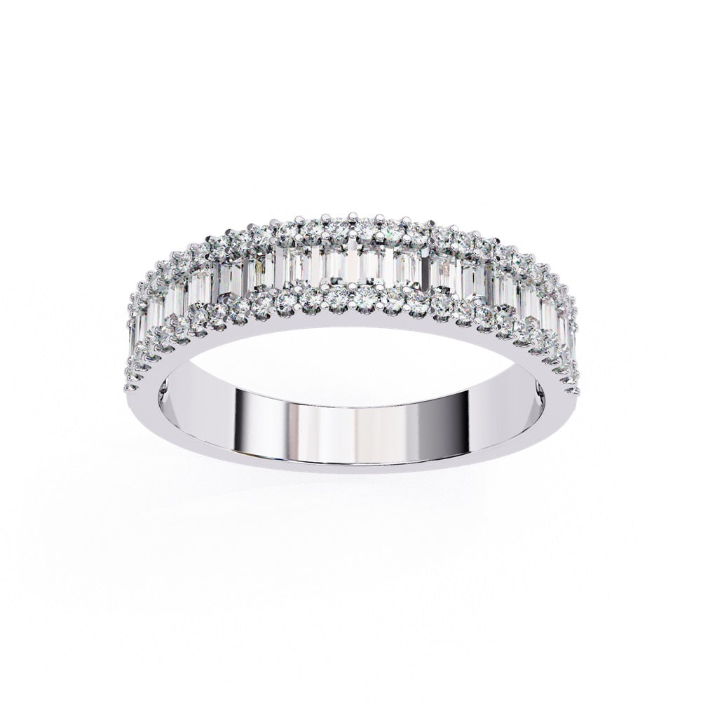 The Nexus Diamond Band by Niraa is a luxury accessory featuring three rows of dazzling diamonds: vertical baguette-cut diamonds in the center row flanked by shimmering round-cut diamonds, all polished to perfection.