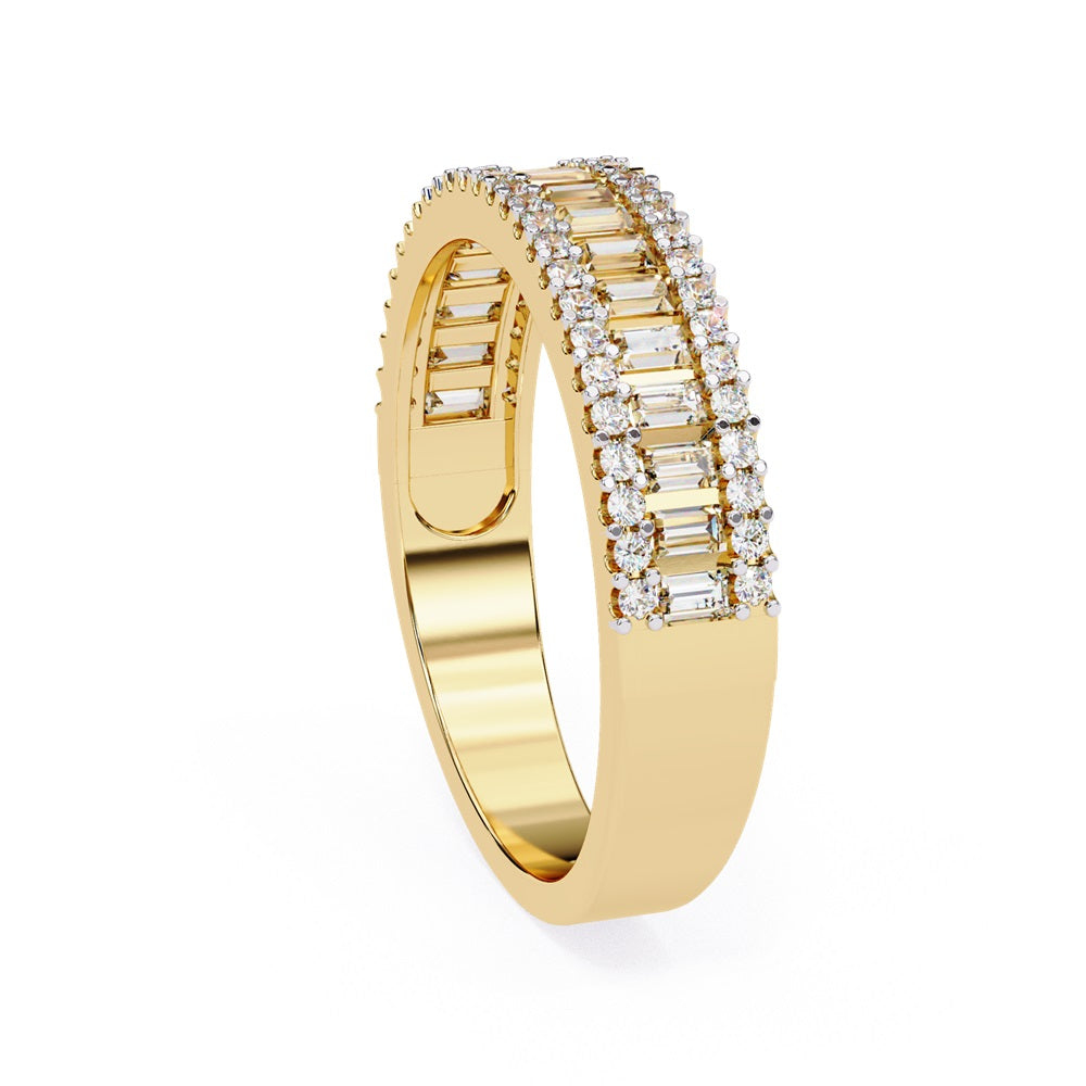 The Nexus Diamond Band by Niraa is a luxury accessory featuring three rows of dazzling diamonds: vertical baguette-cut diamonds in the center row flanked by shimmering round-cut diamonds, all polished to perfection.