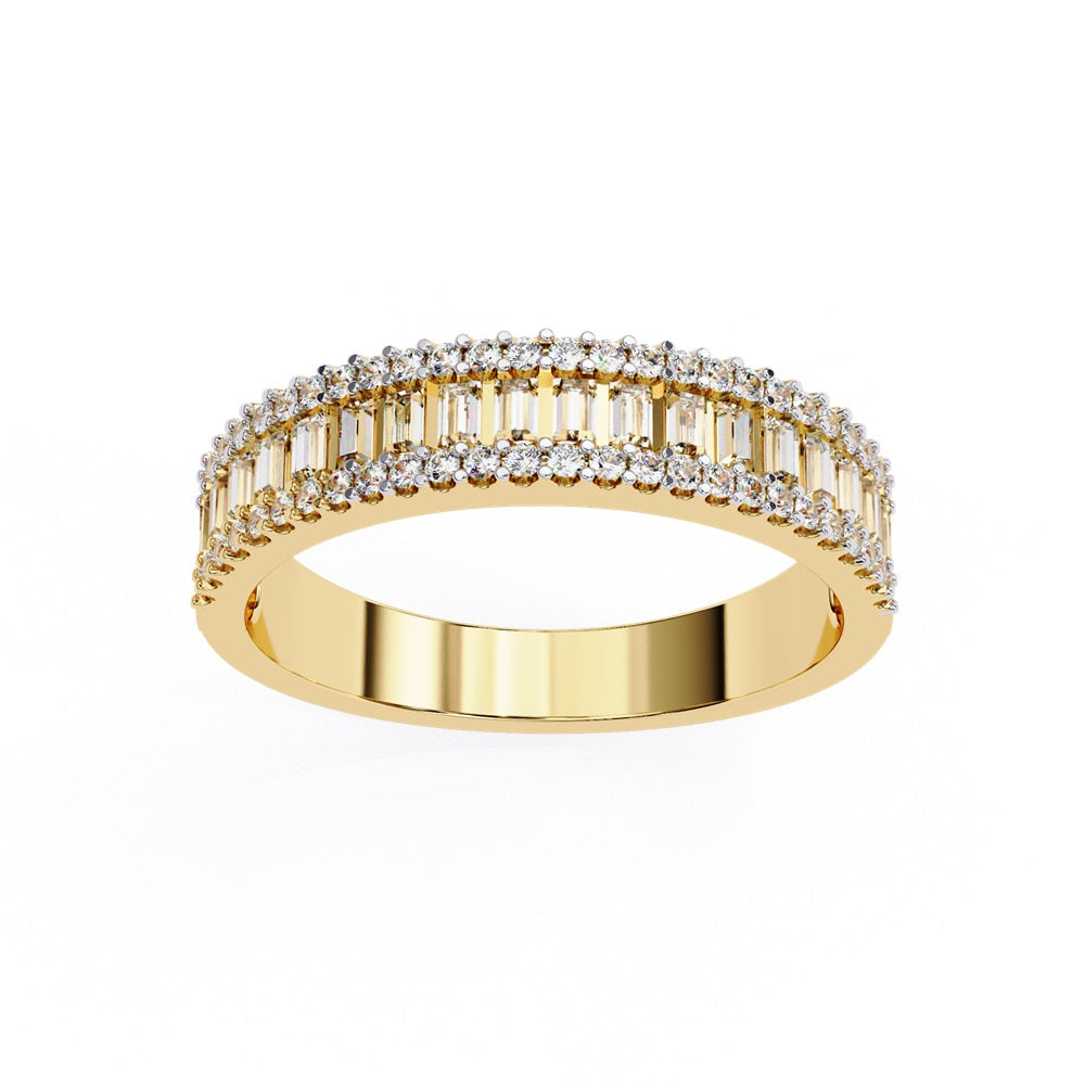 The Nexus Diamond Band by Niraa is a luxury accessory featuring three rows of dazzling diamonds: vertical baguette-cut diamonds in the center row flanked by shimmering round-cut diamonds, all polished to perfection.