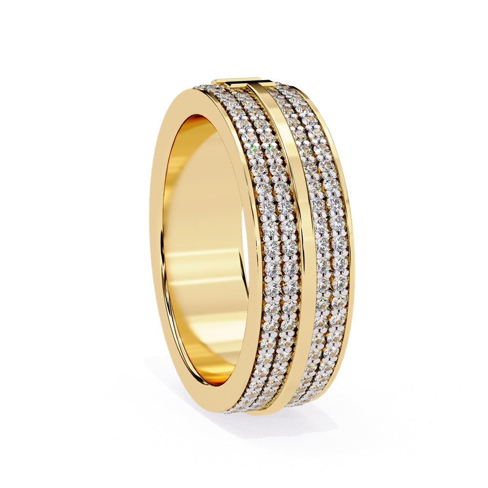 This luxury accessory, the Trisha Diamond Eternity Band by Niraa, showcases multiple rows of sparkling diamonds on a gold band with a geometric design accent at its center, adding modern flair to its intricate pattern. The ring rests elegantly on a white surface.