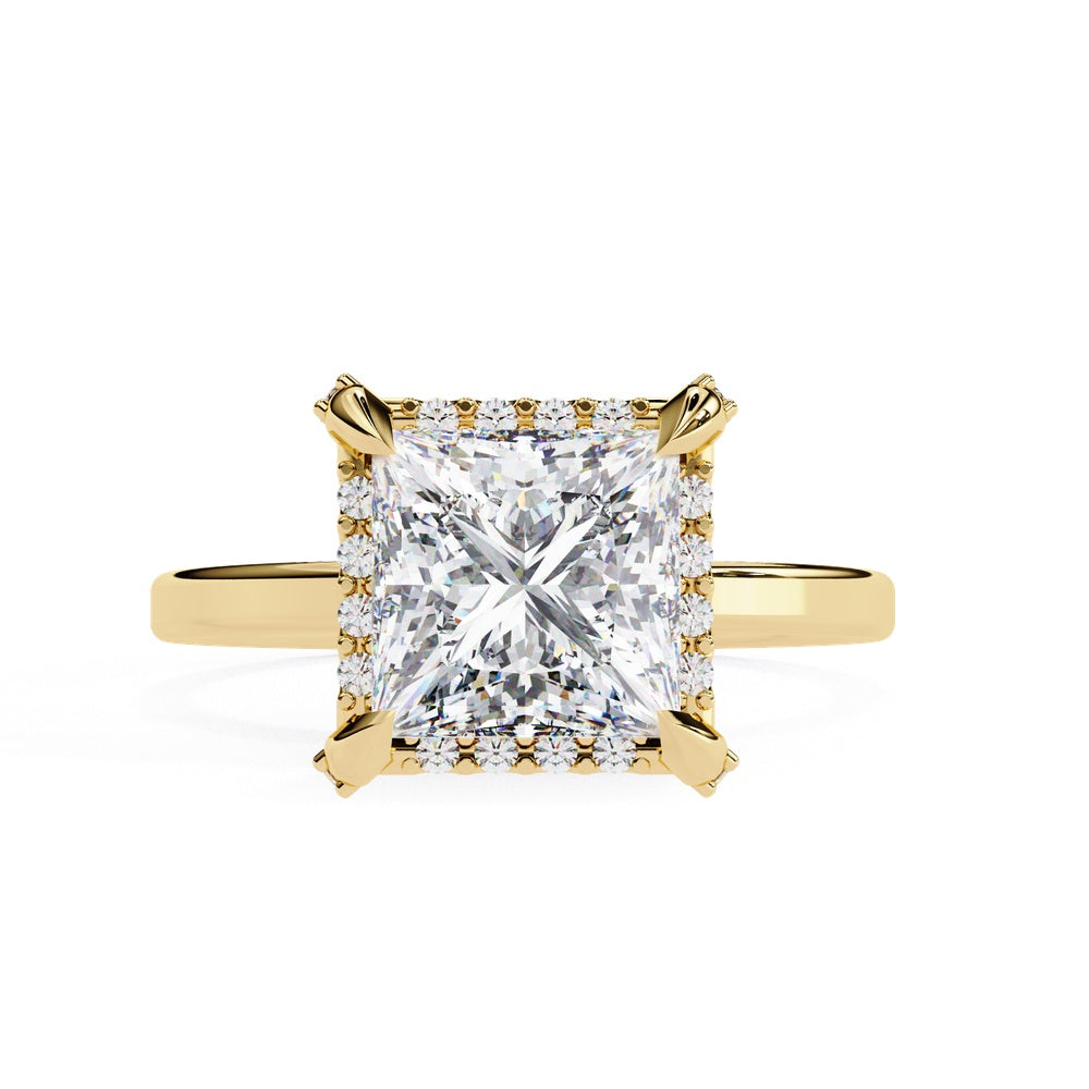 Princess Cut Solitaire Ring with Halo and Studded Prongs