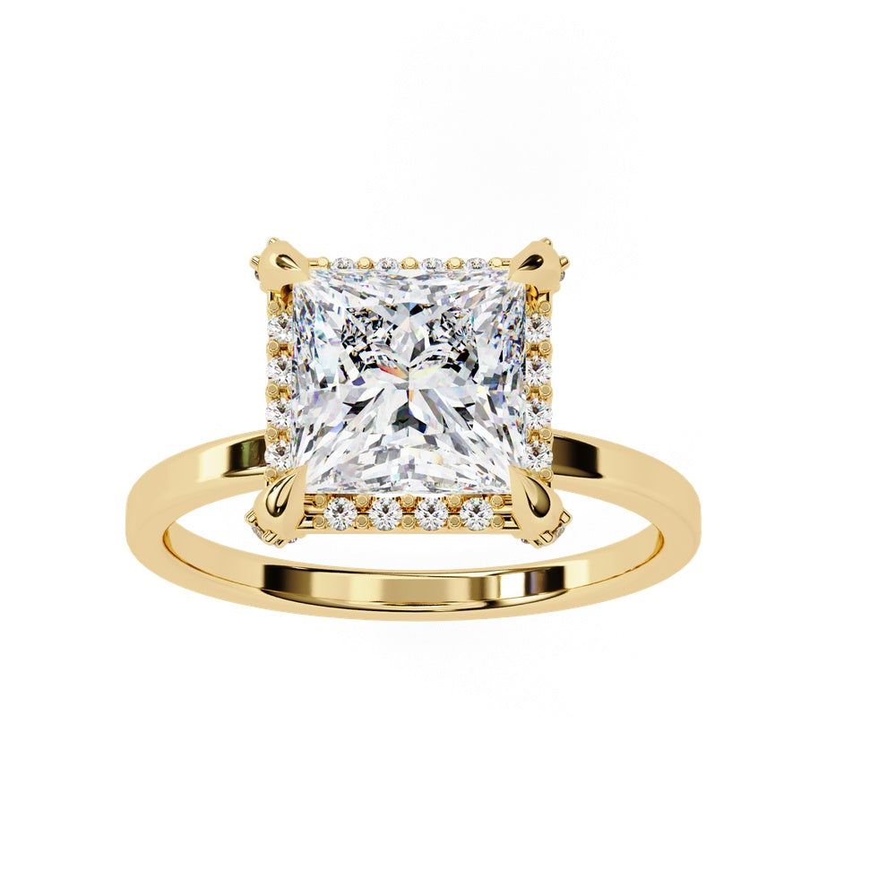 Princess Cut Solitaire Ring with Halo and Studded Prongs