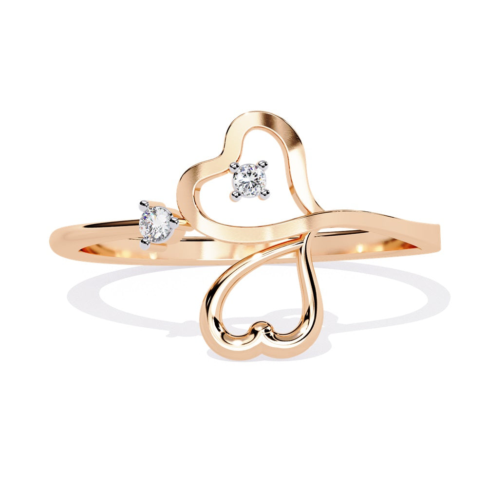 Elegant gold and diamond ring adorned with two heart shapes, representing affection and unity in a timeless piece of jewelry.