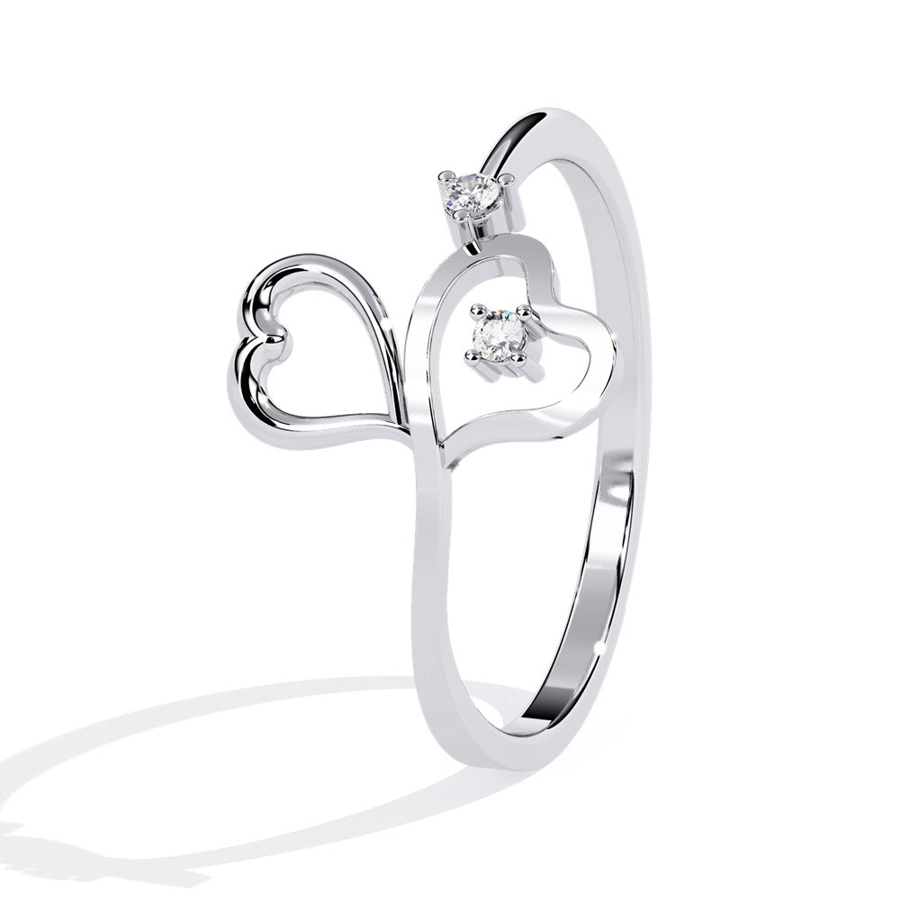 Elegant gold and diamond ring adorned with two heart shapes, representing affection and unity in a timeless piece of jewelry.