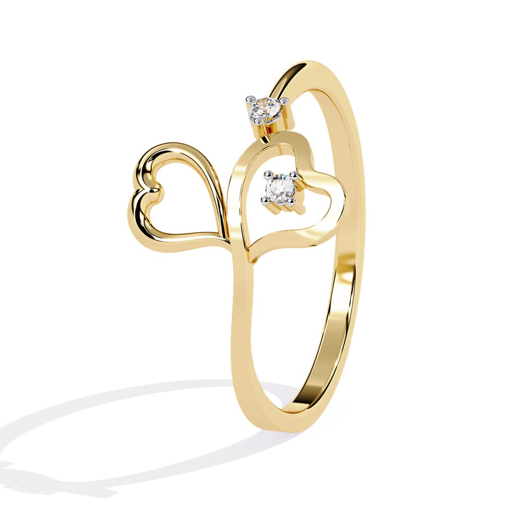 Elegant gold and diamond ring adorned with two heart shapes, representing affection and unity in a timeless piece of jewelry.