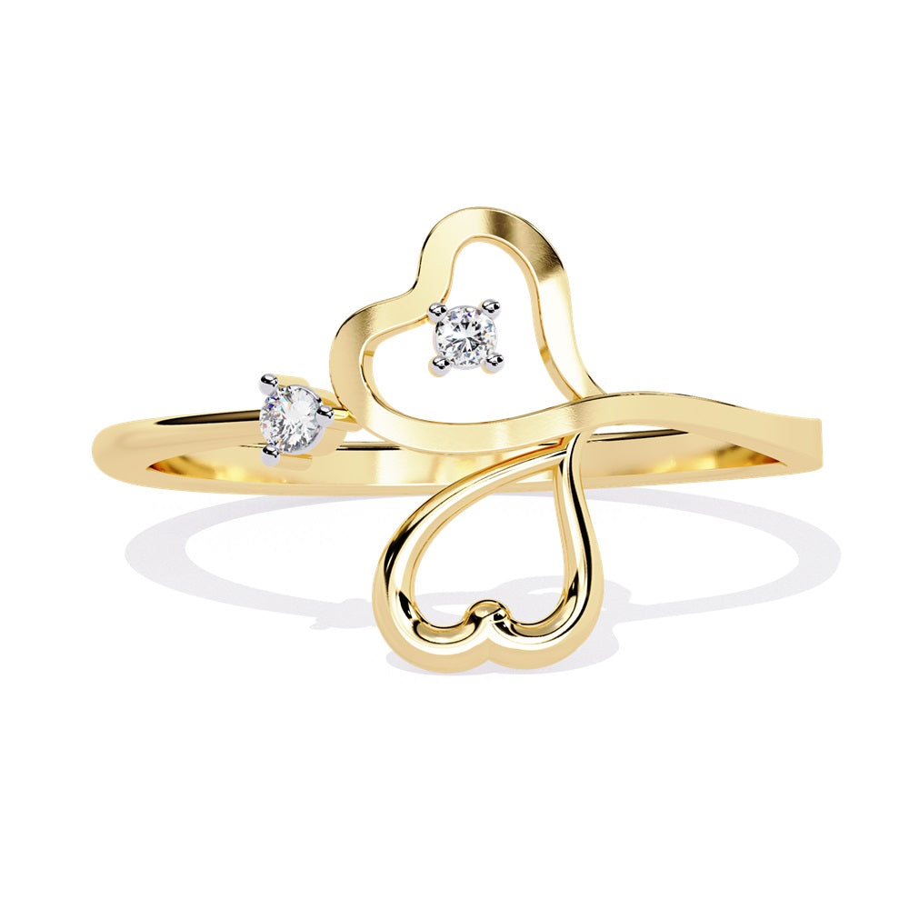 Elegant gold and diamond ring adorned with two heart shapes, representing affection and unity in a timeless piece of jewelry.
