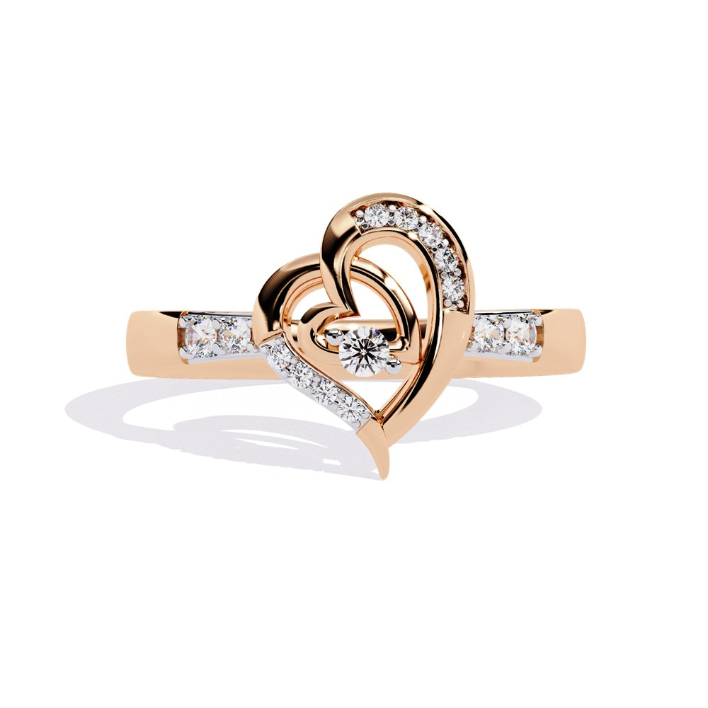 A beautiful gold diamond ring shaped like a heart, showcasing intertwined hearts that embody romance and sophistication.
