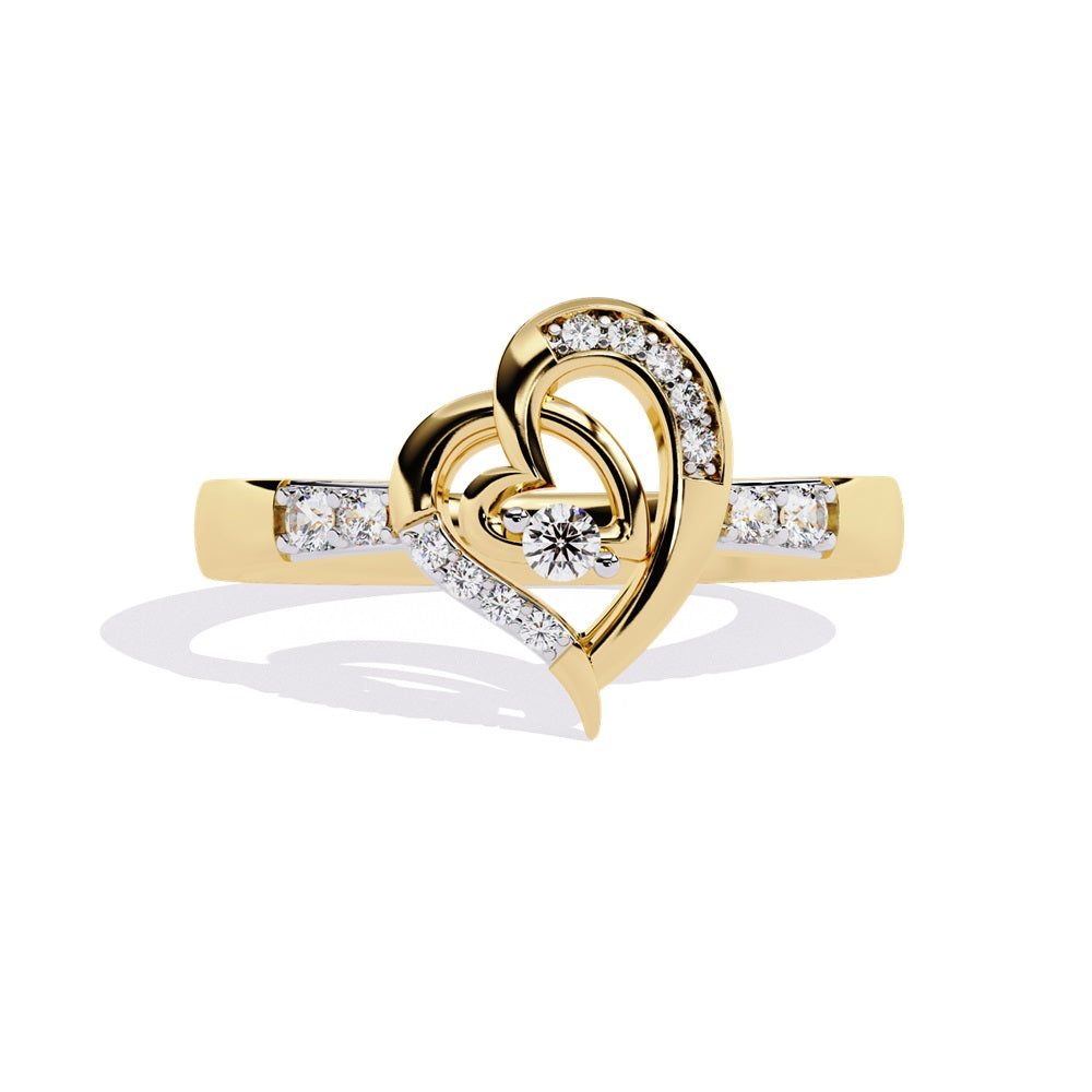 A beautiful gold diamond ring shaped like a heart, showcasing intertwined hearts that embody romance and sophistication.