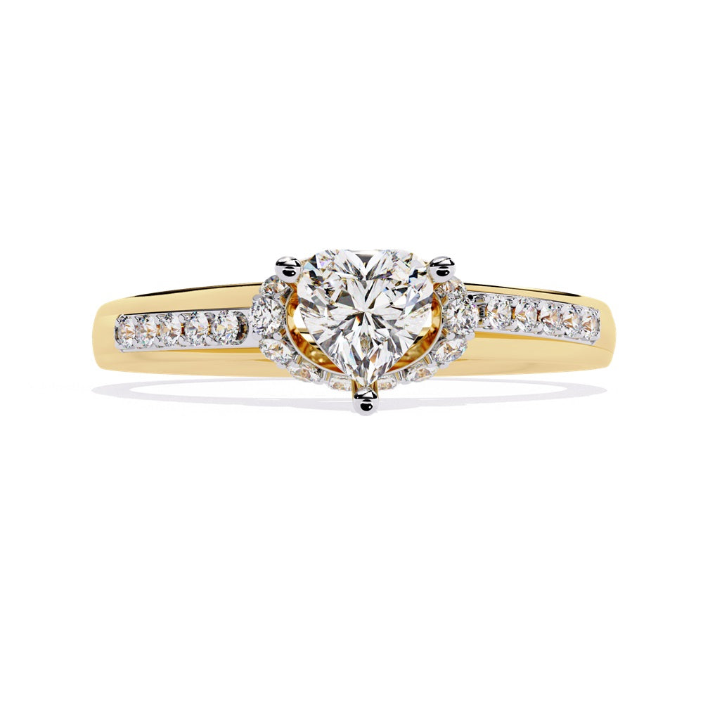 A gold solitaire engagement ring featuring a heart-shaped diamond surrounded by a delicate halo of smaller stones.