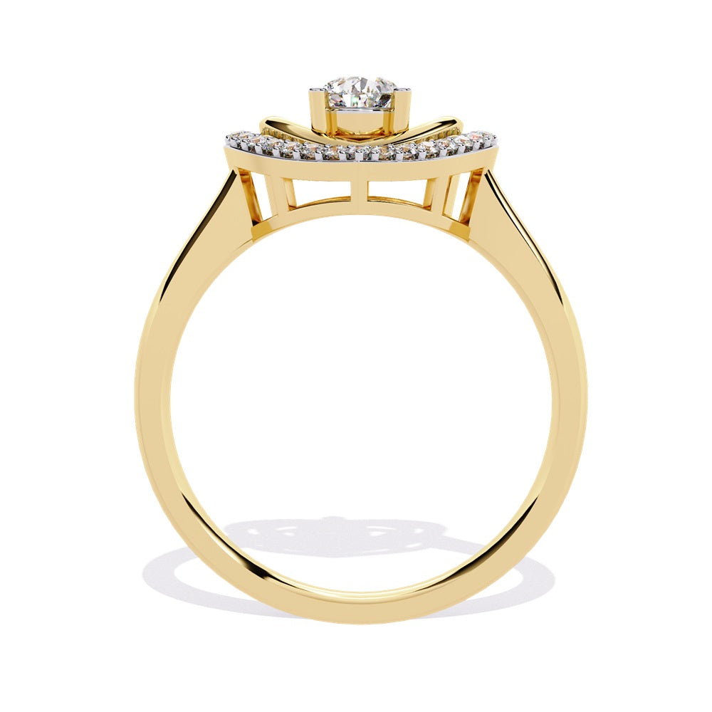 A pear-shaped diamond ring in gold, encircled by smaller diamonds, forming a heart shape around the centerpiece.